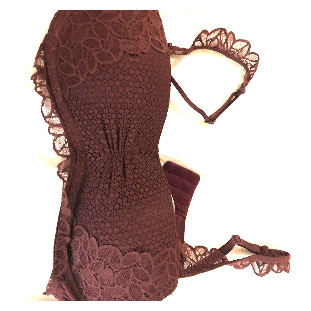 Burgundy lace bandeau bra with straps